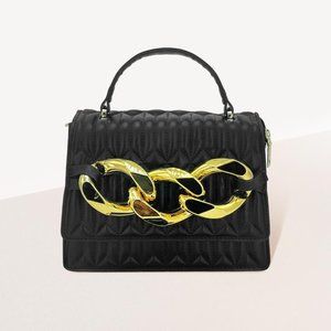 Chunky Metal Trim Accented Faux Leather Top Handle Crossbody Bag